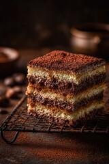 A delectable three-layered tiramisu slice, dusted with cocoa, rests on a wire rack against a dark, rustic backdrop.  Coffee beans and cocoa powder are subtly visible