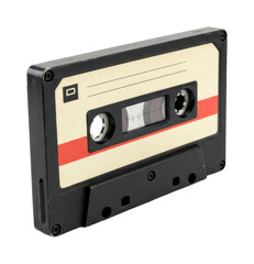 Obraz premium Vintage audio cassette tape with red stripe and label for music recording. Cut out PNG