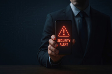 Businessman holding smartphone displaying glowing red security alert icon, emphasizing importance of cybersecurity in today digital landscape