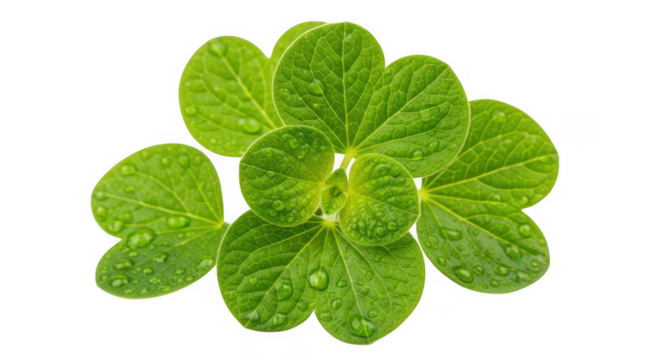 Cluster of fresh green leaves with water droplets isolated on transparent background