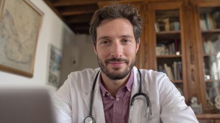 portrait latin man doctor talking online with patient making video call looking at camera wearing white uniform with stethoscope consulting at home in mexico city no logos no brands ar 169