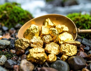 Gold nuggets and gold pan on river rocks with blurred water background