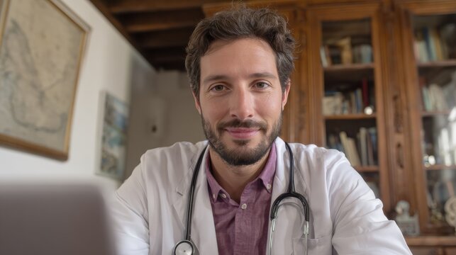 portrait latin man doctor talking online with patient making video call looking at camera wearing white uniform with stethoscope consulting at home in mexico city no logos no brands ar 169