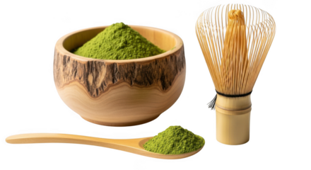 Matcha powder in a wooden bowl with a bamboo whisk isolated on transparent background