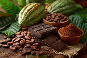 Cacao pods, beans, dark chocolate bars, and cocoa powder displayed on rustic wood with burlap, showcasing the journey from bean to bar