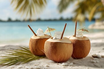 Three halved coconuts filled with icy drinks, adorned with paper umbrellas and straws, rest on a pristine white sandy beach, with a tranquil turquoise ocean and palm trees in the background