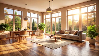 Fototapeta premium Sunlit living space with hardwood floors, large windows, and mid-century modern furniture