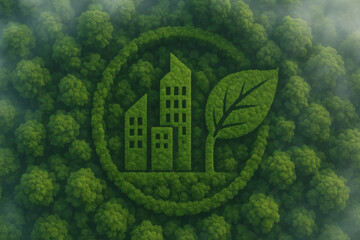 Naklejka premium Eco city symbol carved into lush forest canopy, representing sustainable urban development and green technology concept amidst misty treetops