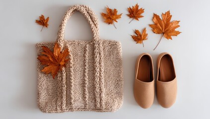 Beige knitted tote bag, tan slip-on shoes, and dried orange maple leaves arranged on a white background