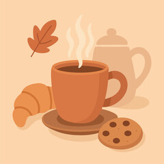 Warm fall illustration with a steaming cup of coffee, croissant, cookie, teapot, and leaf. Perfect for seasonal designs, café ads, or cozy lifestyle content.
