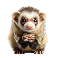 Fototapeta premium Cute baby ferret sitting, paws together, studio shot, black background, pet portrait