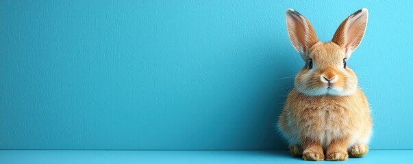 Obraz premium Adorable young rabbit sitting against a simple bright blue background