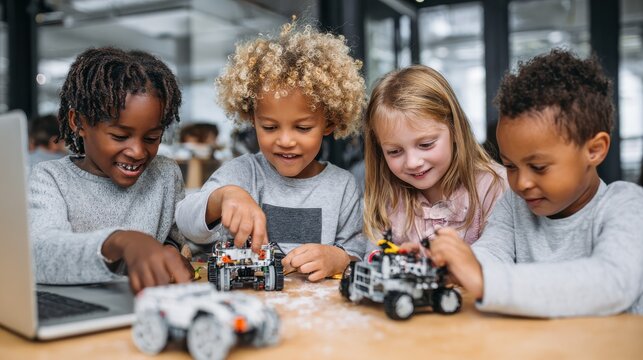 diverse school children students build robotic cars using computers and coding happy multiethnic kids learning programming robot vehicles sitting at table at stem education science engineering class 