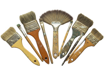 Assorted vintage paintbrushes with worn wooden handles and natural bristles. Cut out PNG