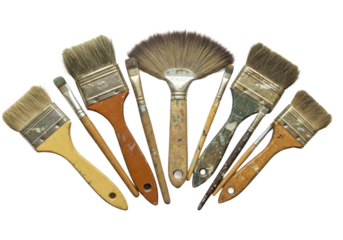 Assorted vintage paintbrushes with worn wooden handles and natural bristles. Cut out PNG