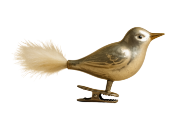 Vintage Glass Bird Christmas Ornament with Ivory Feather Tail and Metal Clip Cutout Transparent PNG