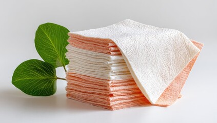 Neat stack of soft, peach and white cloths, possibly reusable, beside vibrant green leaves on a plain white background
