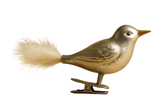 Vintage Glass Bird Christmas Ornament with Ivory Feather Tail and Metal Clip Cutout Transparent PNG