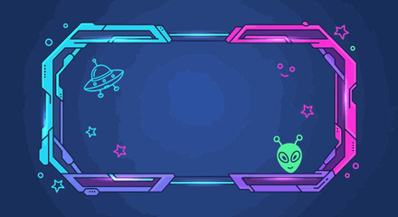Futuristic streaming overlay frame with neon elements, featuring alien theme design