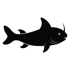  Catfish Silhouette Vector - Flat Black Design with Prominent Whiskers and Fins on White Background.