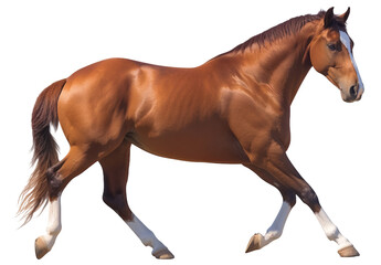 Fototapeta premium A chestnut horse with white legs trots gracefully, showcasing its strong muscles and flowing mane in an outdoor setting.