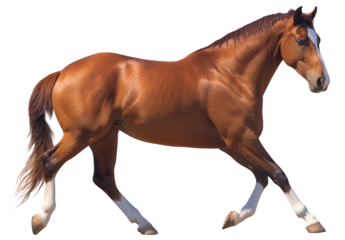 A chestnut horse with white legs trots gracefully, showcasing its strong muscles and flowing mane in an outdoor setting.