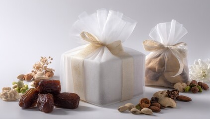 Two white gift boxes, one square, one pouch-like, wrapped in sheer fabric and tied with beige ribbons, sit amidst assorted nuts, dates, and dried flowers on a white background