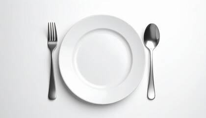 Minimalist table setting with white plate, spoon, and fork on white background.