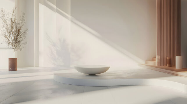 a sleek, minimalistic product showcase scene with soft natural lighting, modern white interior, large empty central space for inserting product or text, cinematic shot, 16:9 aspect ratio