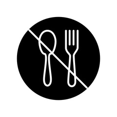 Crossed out sign with fork and spoon glyph icon. Black silhouette symbol isolated on white background. Vector illustration