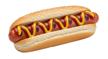 Hot dog with ketchup and mustard isolated on transparent background