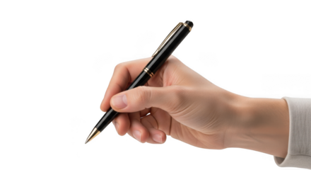 Hand holding a black pen isolated on transparent background