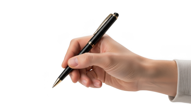 Hand holding a black pen isolated on transparent background