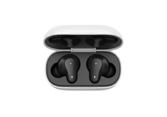 Black wireless earbuds in an open charging case
