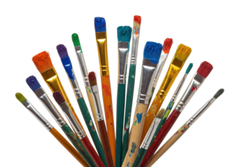 Colorful paintbrushes with vibrant painted tips. Cut out PNG