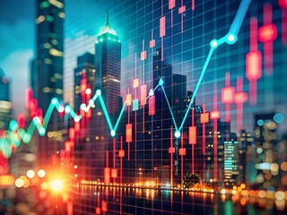 Night cityscape with skyscrapers and dynamic stock market graph overlay showing financial growth and volatility