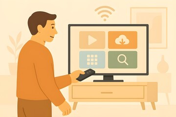 Flat-Style Illustration of Smart TV in a Modern Connected Living Space 