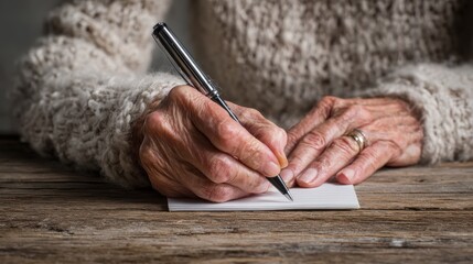 Obraz premium hands of unrecognizable senior woman writing on a wooden white desk no logos no brands ar 169