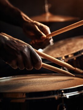extreme closeup of the expert hands of a male drummer holding wooden drumsticks while performing a roll on a snare drum percussion instrument drum roll and drum beat concept generative ai
