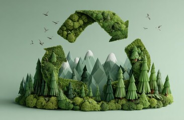 A 3D rendering depicts a mossy recycling symbol encompassing a stylized mountain range and forest, with birds in flight against a muted green backdrop