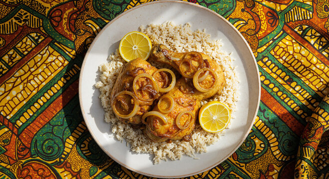 Senegalese chicken yassa with caramelized onions and lemon slices with vibrant cultural mood, served on white rice on rustic plate over colorful West African textile