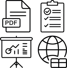 Four simple line art icons depict a PDF document a checklist a presentation board with a graph and a globe with stacked boxes.
