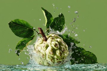 A vibrant green custard apple, glistening with water droplets, splashes into a clear liquid, surrounded by lush green leaves against a muted green backdrop