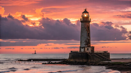 A lighthouse stands tall against a vibrant sunset sky over the sea and the coast