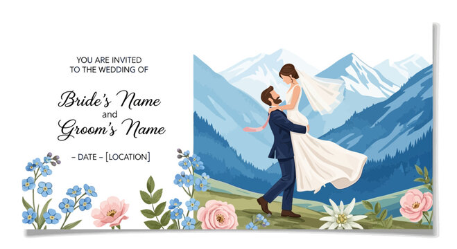 Romantic wedding invitation featuring a couple embraced with mountain landscape backdrop - Powered by Adobe