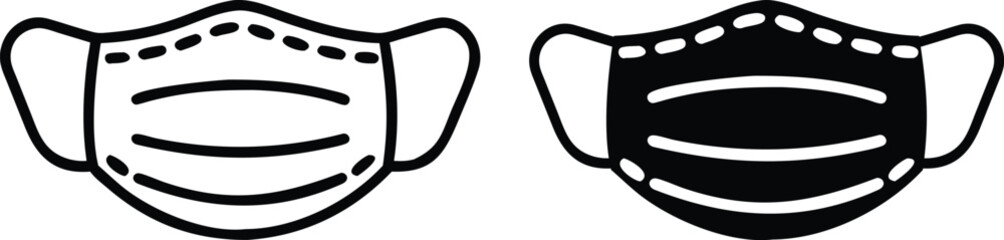 Medical Face Mask Icon Set Black White Outline Silhouette Vector Illustration