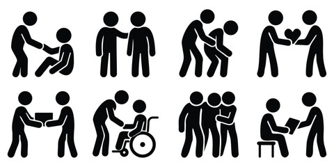 Collection of stickman caregiver silhouettes showing medical assistance, elderly care, helping disabled people, and supportive human interaction