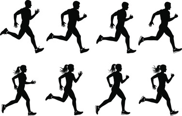 Running silhouette, athletic man and woman, fitness motion, jogging clipart, workout exercise, sports icon, health training, marathon runners, vector
