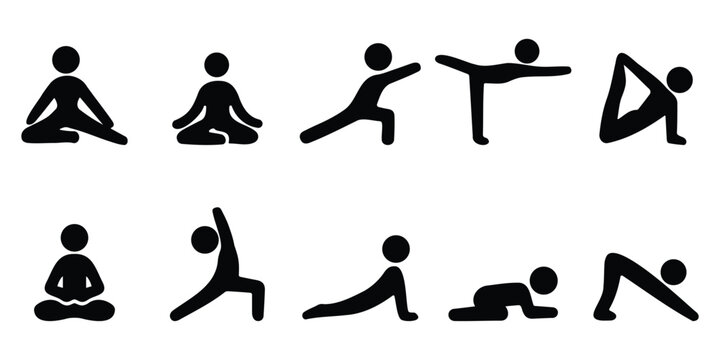  Set of stickman yoga silhouettes demonstrating meditation, stretching, fitness postures, and balance exercises for physical and mental wellness