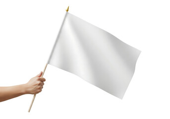 Hand holding a small waving white blank flag for mockup. Isolated on transparent background, png